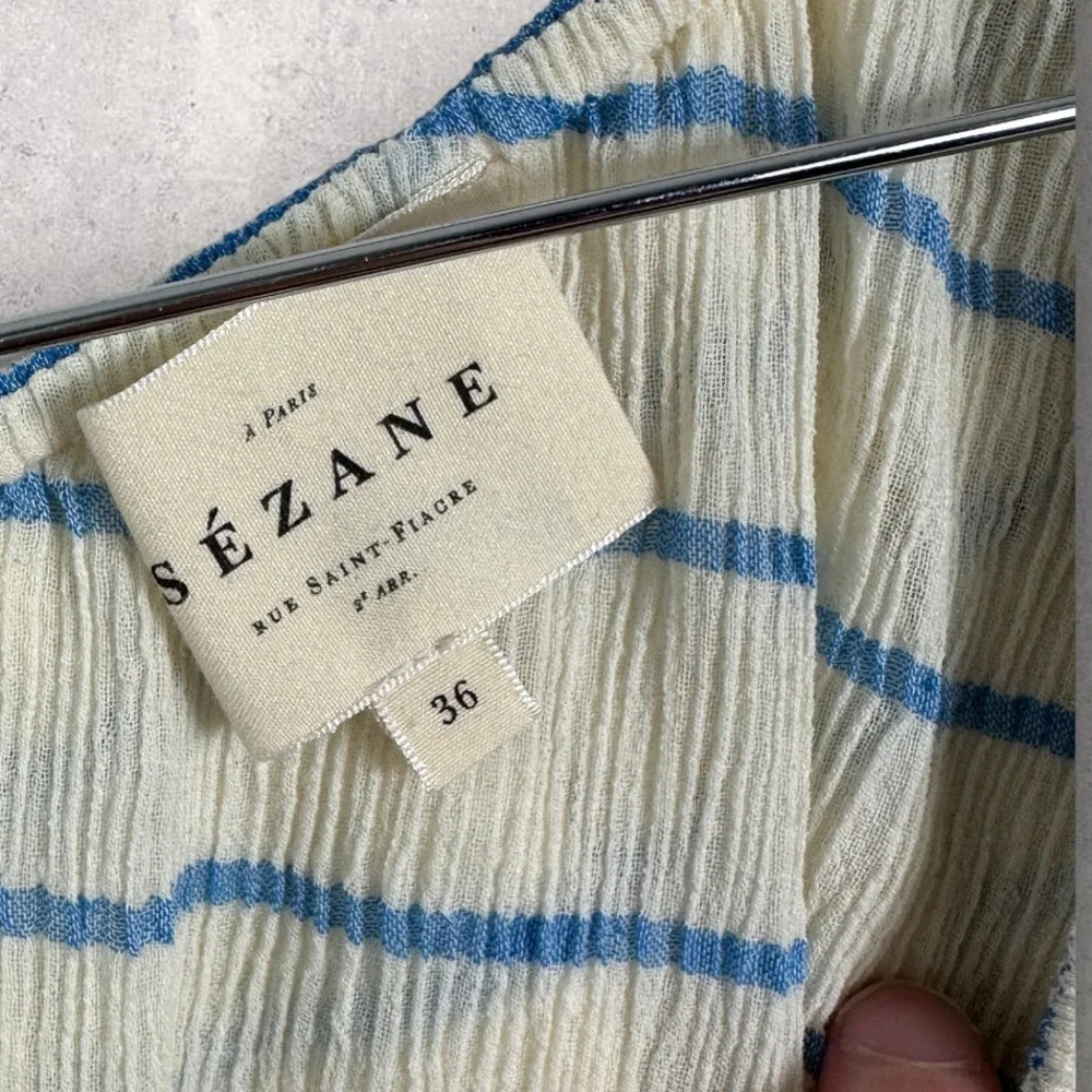Sezane Adeline Blouse Blue Ecru One Shoulder Size 36 French / US 4 Ruffle Stripe - Picture 5 of 10